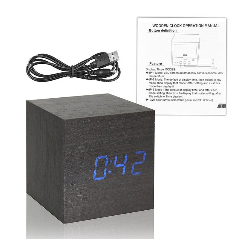 Onerbuy Wooden Digital Cube Alarm Clock Touch Sound Activated Desk Clock Portable Travel Clock with LCD Display for Time, Temperature, Calendar, 3 Alarm Settings (Black) - Image 5
